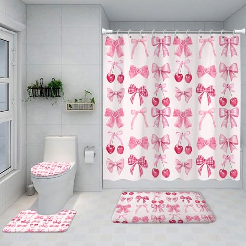 4PCS Pink Bow Shower Curtains Set, with Non-Slip Rugs, Toilet Lid Cover and Bath Mat, Watercolor Aesthetic Cute Cherry Fruit Fabric Shower Curtain for Bathroom Decor, Waterproof 12 Hooks 72X72 - color: Pink