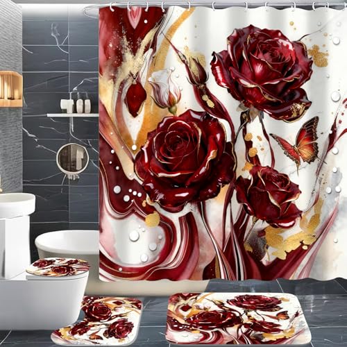Red Marble Rose Shower Curtain Set,Luxury Modern Abstract Floral Bathroom Decor with Non-Slip Rugs & Toilet Lid Cover, Waterproof Fabric with 12 Hooks,Elegant Glamorous Bathroom Accessories for Home - color: Red Rose Decoration