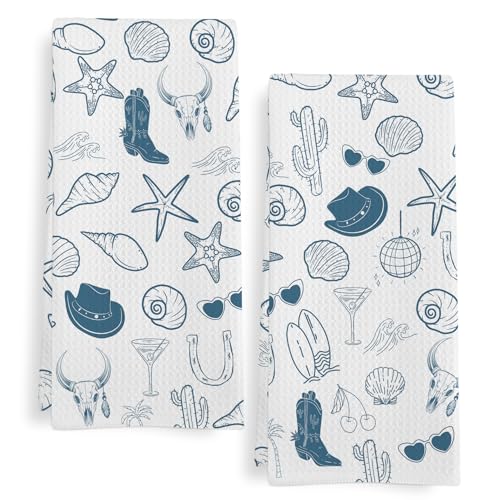 Coastal Cowgirl Kitchen Towels Set of 2, Blue Western Cowboy Boots Seashell Dish Tea Towels for Kitchen, Preppy Beach Summer Hand Towel for Bathroom, Coastal Western Gifts, 16x24 Inch - color: Coastal Cowgirl