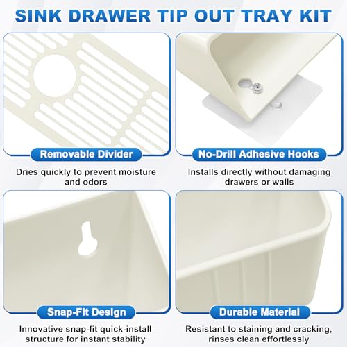 Upgraded 11" Tip-Out Plastic Sink Trays Kitchen Sink Tip Out Tray with 8X Mounting Screws and 4X Adhesive Screws for Kitchen Sink and Bathroom Base Cabinets, Large Pullout Vanity Shelf Home Organizer