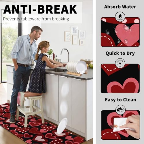 Valentines Day Kitchen Mats for Floor 2 Pcs Red Love Heart Washable Runner Rug Non Slip 17"x47"+17"x30", Romantic Valentine's Day Kitchen Rugs Set for Anniversary Wedding Holiday Home Decor - color: Red Love Hearts