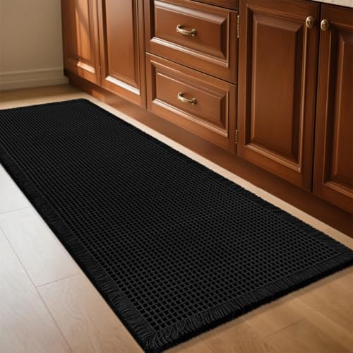 IM HOME Waffle Bath Mat Black 4'x2', Boho Woven Modern Bath Mat Rugs, Absorbent Non Slip Bathroom Rugs, Soft Washable Bath Rugs with Tassels for Bathroom, Bedroom, Kitchen, Shower, Tub - color: Black, size: 2' x 4' (Runner)