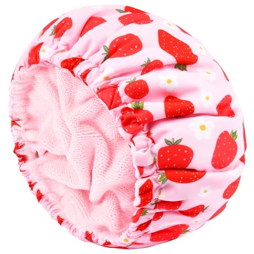 Shower Cap for Women Terry Lined Bath Cap Large Reusable Waterproof Elastic Band Pink Strawberry Shower Caps for Long Thick Hair Soft Bath Shower Hair Caps - color: Pink Strawberry Flowers