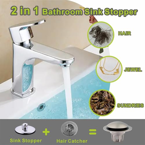 2 Pack Pop Up Sink Drain Stopper,Brushed Nickel Bathroom Sink Stopper with Hair Catcher and Anti-Clog Strainer,Glimflorus Universal 2-in-1 Drain Stopper for 1 1/8"-1 1/2" Drain Holes - color: Brushed Nickel-2