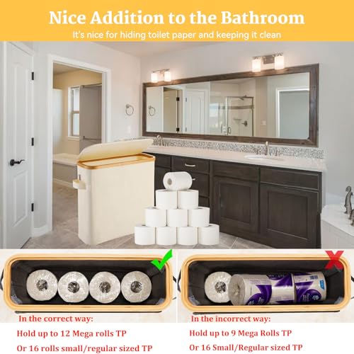 Toilet Paper Basket With Lid for Mega Rolls, Large Bamboo Organizer Holder Stand for Bathroom, Enclosed Tissue Storage Bin Box Container, Free Standing, Beige - size: For Mega/Small Size TP Roll