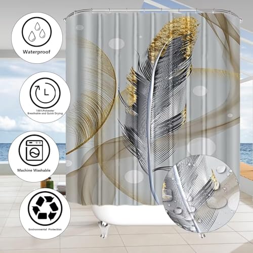 DDQQ 4Pcs Abstract Bubble and Feathers Shower Curtain Set Gray and Golden Bathroom Sets Shower Curtain with 12 Hooks Bathroom Decor with Rugs Bath Accessories with Mats Toilet Lid Cover - color: Yellow