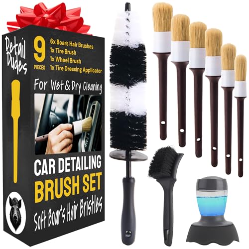 Car Detailing Brush Set 9-Pack with Tire and Wheel Brushes - Detail Dudes | 6-pc Scratch-Free Interior Boars Hair Brushes - 1-pc Exterior Tire Brush, Tire Dressing Applicator and Wheel Brush - size: 9 Pack (Full Kit)