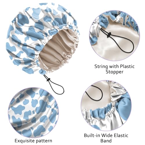 Luxury Shower Cap Silk Satin Lined Waterproof Reusable Adjustable Elastic Dry Hair Bathing Caps Cute for Women Girls-Blue Cow - color: C-15-Blue Cow