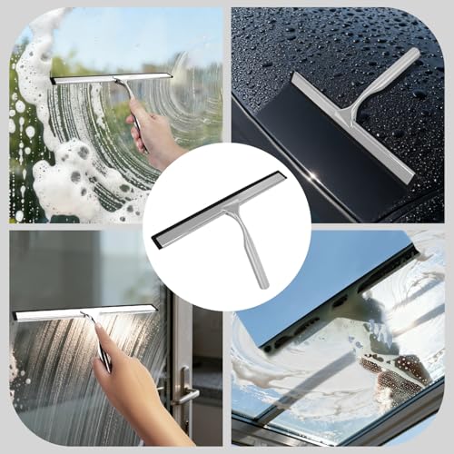 Squeegee for Shower Glass, 10-Inch Shower Squeegee for Glass Doors, All-Purpose Stainless Steel and TPR Rubber for Streak-Free Cleaning on Glass Shower Doors, Mirrors, Windows, Tile and Car Glass