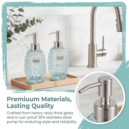 MALACHI Glass Soap Dispenser, 304 Rustproof Stainless Steel Pump, Refillable Multi‑use for Hand Soap, Dish Soap, Body Wash, Shampoo, Baby Wash for Bathroom Kitchen & Commercial - color: Green