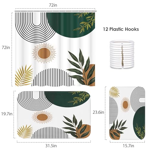 ArtSocket Mid Century Green Boho Bathroom Set with Shower Curtain and Bath Rugs and Accessories,Abstract Sun Arch Curve Leaves Geometric Non-Slip Shower Curtain Set,Bathroom Decor 3 Pcs - color: Mid Century Boho