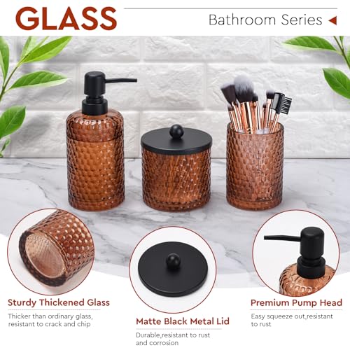 Bathroom Accessories Set,4 Pcs Amber Glass Bathroom Accessories Sets-Lotion Soap Dispenser,Toothbrush Holder,Qtip Holder Dispenser & Resin Vanity Tray,Countertop Vanity Organizer,Amber - color: Amber + Matte Black Tray