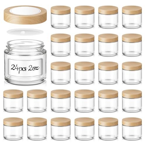 2 OZ Glass Jars with Lids, 24 Pack Small Glass Containers with Plastic Woodgrain Lids & Inner Liners, Reusable Travel Containers for Creams, Makeup, Lotion, Cosmetic, Ointment - color: 24 Pack 2 OZ Clear