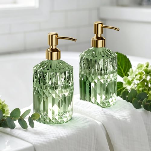 AmazerBath Soap Dispenser, 2 Pack Green Glass Soap Dispenser with Pump Stainless Steel, 14.2OZ Luxury Gold Hand Soap Bottles Bathroom Kitchen - color: Green & Gold - 2 Pack