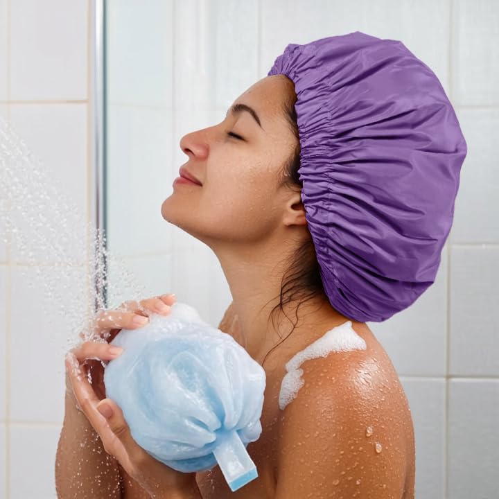 Edoneery Reusable Shower Caps for Women, Waterproof Long Hair Bonnet | Washable Design, Wide Elastic Band, Large Fit, Holds Long Hair, Braids Friendly, Bath Accessories, Spa, Travel - color: Lavender