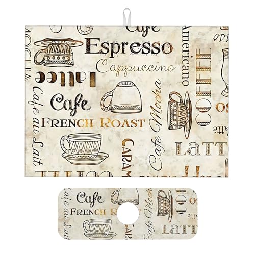 2Pcs Dish Drying Mats Faucet Mats Sets Large Size Coffee Mats Sink Faucet Mat Splash Guard for Kitchen Counter Bathroom Sink Coffee Bar Kitchen Decor (Retro Coffee, 18"x24" 15" x 5.5"Set) - color: Retro Coffee