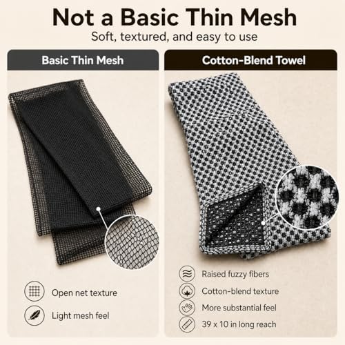 Exfoliating Shower Towel, Cotton-Blend Back Scrubber, Black | 39 x 10 in, dual-sided texture, quick-dry mesh, washable for home, gym, travel - color: Black