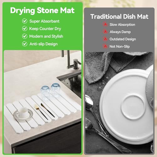 Large Stone Drying Mat for Kitchen Counter, Collapsible Quick Dry Stone Bath Mats for Bathroom, Trapezoidal Absorbent Diatomaceous Earth Dish Stone Mat for Dishes Cookware Countertop, 23.23''x15.4''
