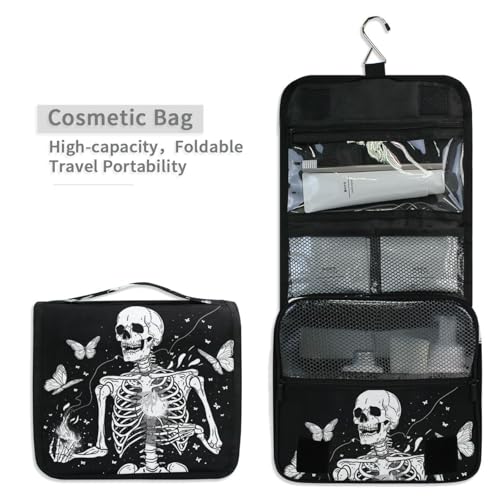 MNSRUU Hanging Toiletry Bag Gothic Skull and Butterflies Travel Makeup bag for Toiletries Portable Travel Toiletry Organizer Cosmetic Bags with Hanging Hook - color: Skull A10819