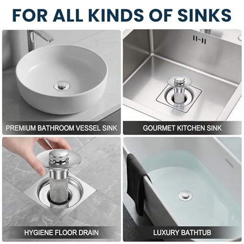 2PCS Pop Up Bathroom Sink Drain Strainer with Removable Stainless Steel Hair Catcher Basket