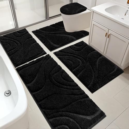 HEBE Bathroom Rugs Sets 5 Piece, Soft Absorbent Microfiber Bath Mat for Bathroom, Non Slip Washable Bath Rug Set with Toilet Cover, Bath Runner and U-Shaped Contour Toilet Rug, Black - color: Black, size: 18"x26"+20"x32"+20"x48"+U20"x24"+Cover19"x21"