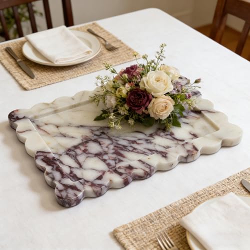 Real Natural Calacatta Viola Marble Tray, Luxury Scalloped Marble Tray, Decorative Rectangle Marble Tray for Vanity Bathroom Kitchen Coffee Table Jewelry Perfume Home Decor - color: Calacatta Viola
