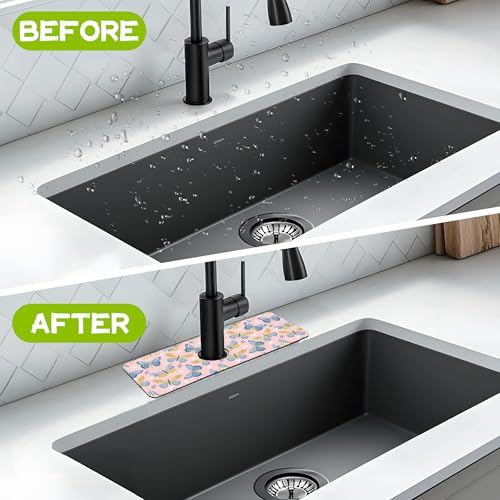 Kitchen Sink Splash Guard Faucet Mat Super Absorbent Fast Drying Mat Guard Behind Faucet Drip Catcher for Kitchen Bathroom (Butterflies and Chamomile, 23.5"X5.5") - color: A-Butterflies and Chamomile
