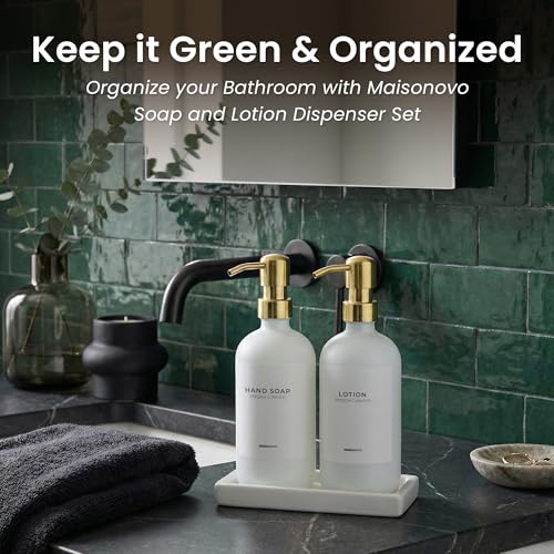 MaisoNovo Soap and Lotion Dispenser Set - Bathroom Soap Dispenser Set with White Soap Dispenser, Gold Pumps & Ceramic Tray - color: White Bottles/ Golden Pumps/ White Ceramic Tray