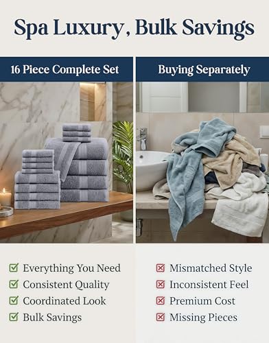 LANE LINEN 100% Cotton Towels Set for Bathroom - 16 Piece Family Pack - Soft, Absorbent & Quick Dry - 4 Bath, 8 Washcloths, 4 Hand Towels - OEKO TEX Certified, Machine Washable & Durable - Cool Grey - color: 03: Cool Grey