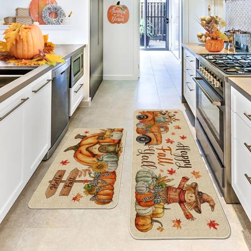 Fall Kitchen Mats, Farmhouse Truck Fall Kitchen Decor for Floor - Pumpkins House Kitchen Rugs Set of 2 - 17"x27"+17"x47"