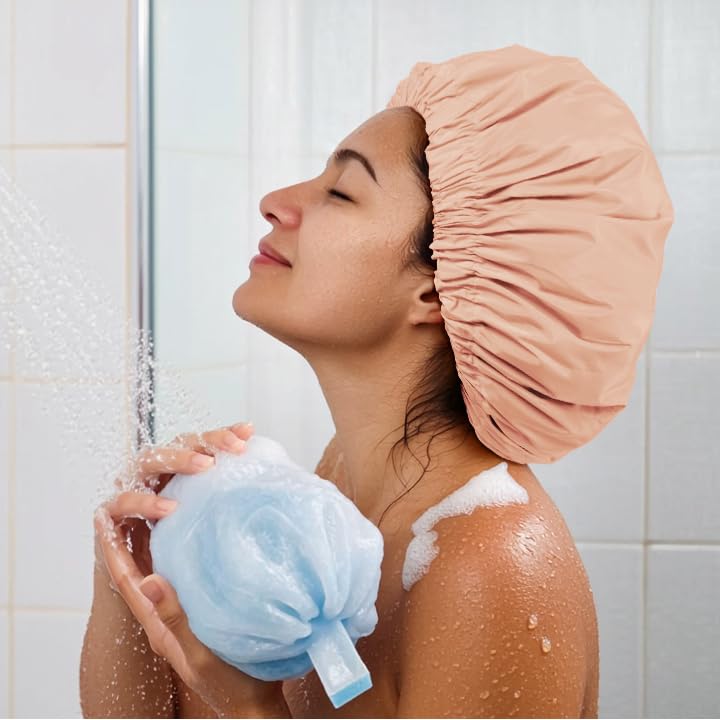 Edoneery Reusable Shower Caps for Women, Waterproof Long Hair Bonnet | Washable Design, Wide Elastic Band, Large Fit, Holds Long Hair, Braids Friendly, Bath Accessories, Spa, Travel - color: Beige