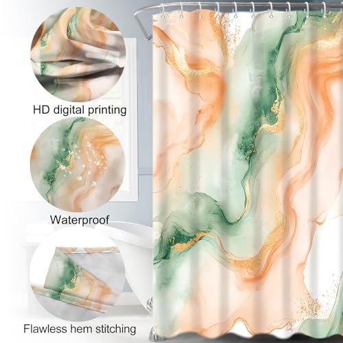 Lnond 4Pcs Marble Bathroom Sets with Shower Curtain and Rugs, Orange Green Marble Modern Art Bathroom Shower Curtain Sets with Rugs and Accessories - color: Orange Green Marble