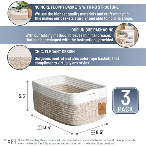 NaturalCozy 13.5”x8.5”x5.5” Storage Baskets for Shelves 3 Pack | Cotton Rope Woven Small Baskets for Organizing | Small Storage Bins for Nursery, Bathroom, Closet, Cube Shelf, Decorative, Gift - color: Off White & Mixed Brown, size: 13.5" x 8.5" x 5.5"
