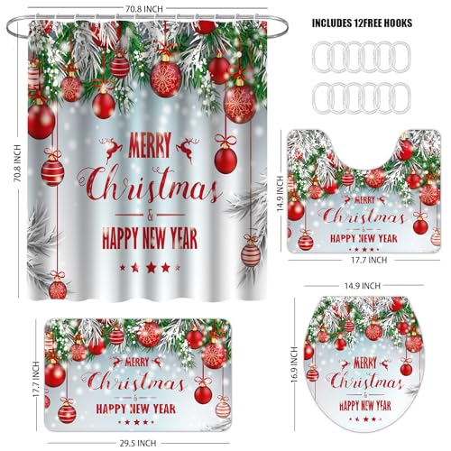 Merry Christmas Shower Curtain Bathroom Sets 4 Pieces, Red Lantern Shower Curtain with Toilet Lid Cover and Rugs, Waterproof Happy New Year Xmas Curtain for Bath Toilet Restroom Home Decorations - color: Merry Christmas