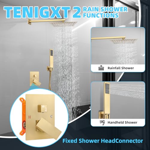 Bathroom Shower Faucet Set，12 Inch Rain Shower Head with Handheld Spray，Brass Shower Valve Trim Kit，Wall Mounted Square Rain Shower System (Brushed Gold) - color: Brushed Gold, size: 12 Inch Shower Head