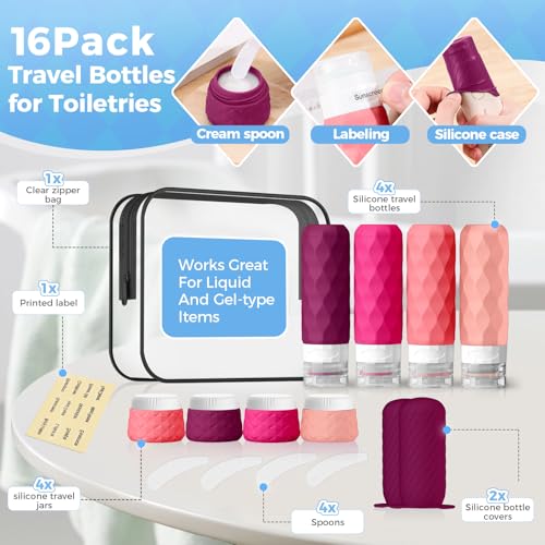 16Pack Travel Bottles for Toiletries, TSA Approved Travel Size Toiletries Containers Set, Silicone Leak Proof Refillable Bottles Elastic Sleeves Creams Jars Accessories Kit W/Clear Bag (Purplish Red) - color: Purplish Red