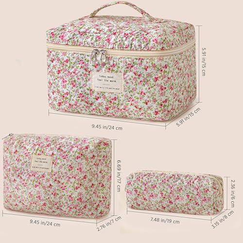 HBselect Quilted Makeup Bag, 3PCS Cotton Large Travel Makeup Bag, Cute Floral Coquette Make up Bag Cosmetic Bag Toiletry Bag for Women Girls - color: A-3PCS-Floral 19