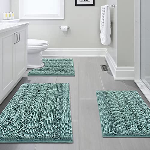 H.VERSAILTEX 3 Piece Bathroom Rugs Sets Thick Striped Bath Rugs Set for Bathroom Non Slip Soft Absorbent Bath Mat Set for Tub, Shower and Toilet(17''x24''+20''x32''+20''x24'' U-Shaped, Eggshell Blue) - color: Eggshell Blue