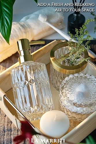 LaMarriti Clear Bathroom Accessories Set, 5pcs Crystal Glass Bathroom Set Accessories, Soap Dispenser, Toothbrush Holder Set, Soap Dish, Tumbler, Qtips Holder for Vintage Bathroom Decor, Gift Set - style: Crystal Clear