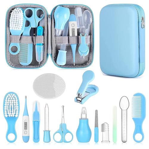 Baby Grooming Kit, Infant Safety Care Set with Hair Brush Comb Nail Clipper Nasal Aspirator,Baby Essentials Kit for Newborn Girls Boys (Blue) - style: Blue Kit+White Brush