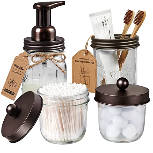 Amolliar Mason Jar Bathroom Accessories Set(4 Pack) - Foaming Soap Dispenser&Qtip Holder Set&Toothbrush Holder-Rustic Farmhouse Decor Bathroom Organizer Apothecary Jar Country Countertop (Bronze) - size: Bronze, style: Wide-mouth