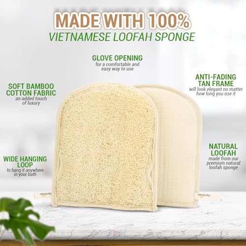 Premium Vietnamese Natural Loofah Gloves – Exfoliating Body Scrubber Mitts with Thumb Holes, Easy Grip Design, for Men & Women, Shower & Bath (Pack of 2)