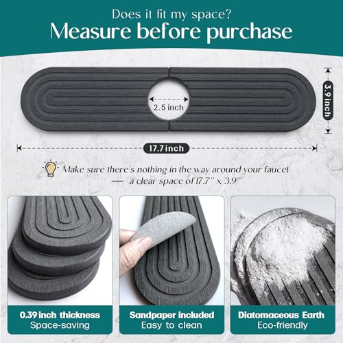 Dreatim Kitchen Faucet Absorbent Mat - Diatomite Stone Sink Tray, Quick Drying, Modern Design - Durable Faucet Drip Mat for Kitchen Sink and Bathroom Counter [17.7" x 3.9", Dark Grey] - color: Dark Gray, size: 17.7" x 3.9"