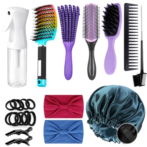 12Pcs Detangling Brush Set for Curly Hair, Curly Hair Brush with Sleep Bonnet Afro America/African 3a to 4c Texture, Easier and Faster on Wash Days - color: Gradient-12 piece set