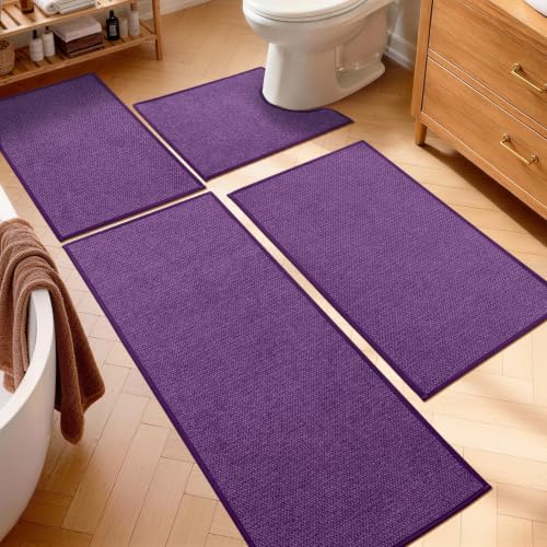 YIHOUSE Purple Bathroom Rugs Sets 4 Piece, Quick Dry Thin Bath Mat with Toilet Rug, Non Slip Absorbent Machine Washable, Bath Runner Rugs for Bathtub Sink Home Decor - color: Purple, size: 4 pieces