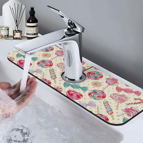 Yummy Colorful Sweet Lollipop Candy Cane Hearts Yellow 15" X 5.5" Kitchen Sink Splash Guard Faucet Faucet Guard Draining Mat Sink Splash Guard Faucet Kitchen Bathroom - color: Yummy Colorful Sweet Lollipop Candy Cane Hearts Yellow