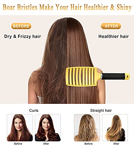 KTKUDY Detangling Brush Boar Bristles Hairbrush Make Hair Shiny & Healthier Curved and Vented Detangler Brush for Women Men Kids Wet and Dry Hair (Yellow) - color: Yellow