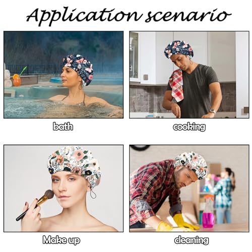 2 PCS Shower Cap Reusable Waterproof Adjustable Double Layer Elastic Dry Hair Bathing Caps Aesthetic Cute for Women Girls-Butterfly Flower - color: H-16-Butterfly Flower