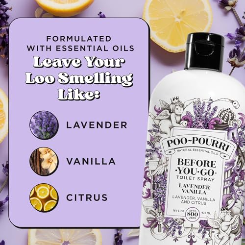 Poo-Pourri Before-You-Go Toilet Spray Refill, Lavender Vanilla,16 Fl Oz, Up to 800 Uses, Bathroom Odor Deodorizer with Essential Oils for Home or Work, Lavender, Vanilla and Citrus Scent - size: 16 Fl Oz (Pack of 1)