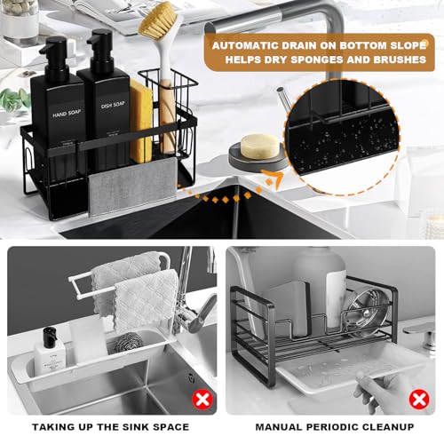 GMISUN Dish Soap Dispenser, 12 fl oz / 350 ml Dual Kitchen Soap Dispensers with Sponge Holder, Customized Matte Black Kitchen Soap Dispenser Set, Modern Hand and Dish Soap Bottle Set Removable - color: Black Bottle + Black Rack